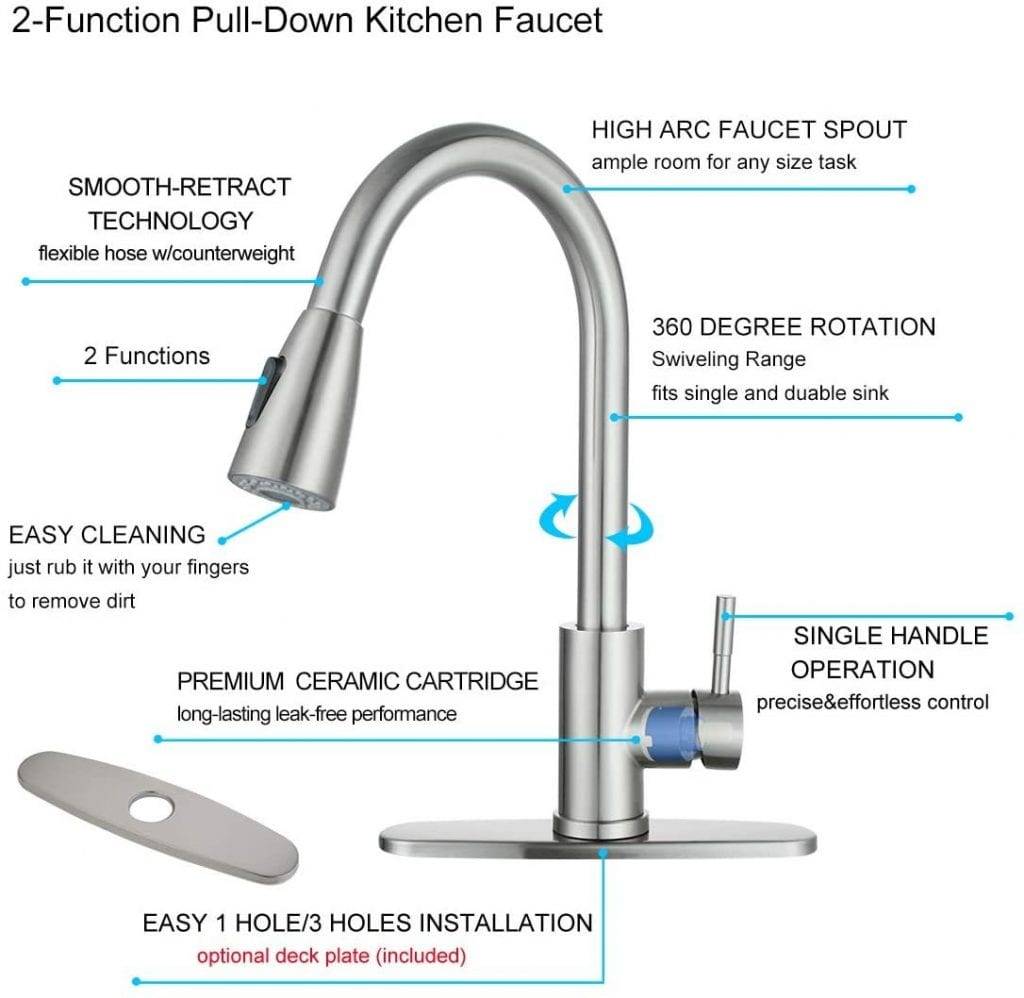 WOWOW Top Rated Pull Down Kitchen Faucets Single Hole with Sprayer