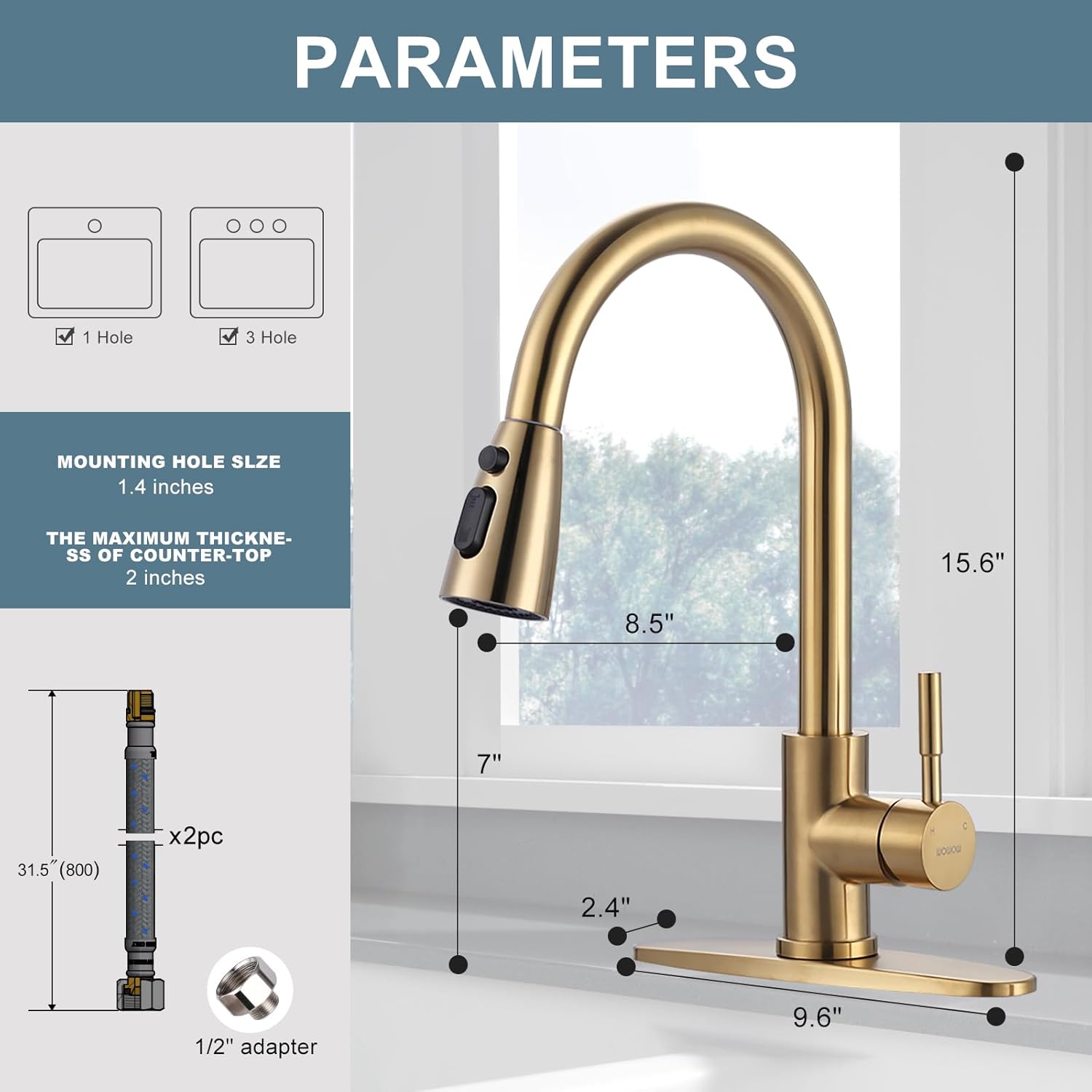 wowow gold kitchen faucet with pull down sprayer 3 2