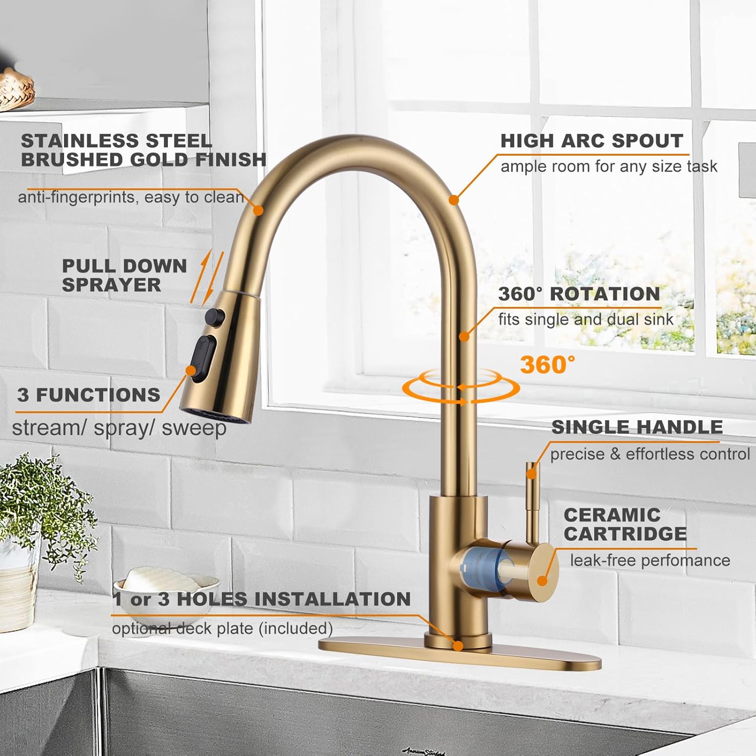 wowow gold kitchen faucet with pull down sprayer 4 2
