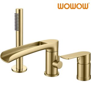 wowow 3 hole brushed gold waterfall roman tub faucet with hand shower