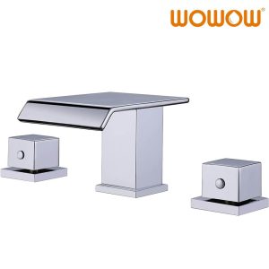 wowow modern waterfall 3 hole widespread bathroom sink faucet square handle chrome finish