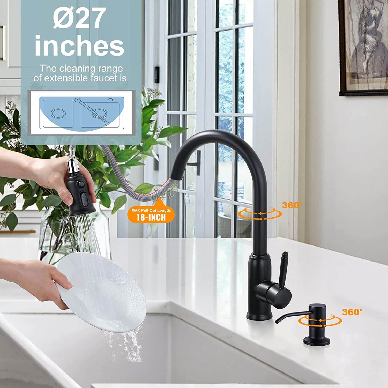 wowow stainless steel high arc black pull out kitchen faucet with soap dispenser 2