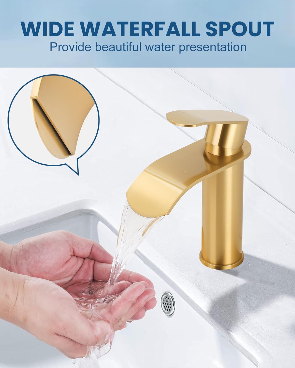 wowow single handle brushed gold waterfall bathroom faucet with deck plate 6 1