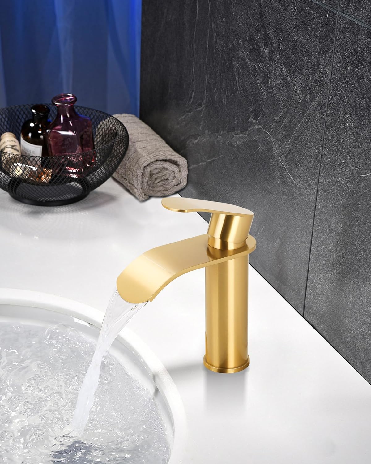 wowow single handle brushed gold waterfall bathroom faucet with deck plate 7 1