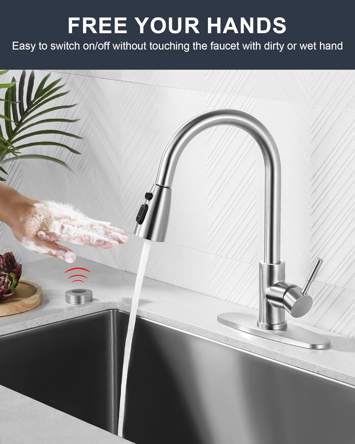 wowow brushed nickel mobile motion sensor touchless kitchen sink faucet with sprayer 7