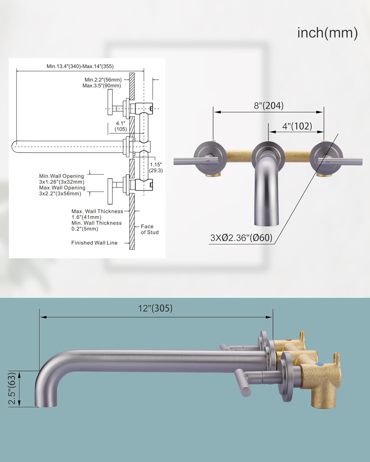 WOWOW Brushed Nickel 2 Handles Wall Mount Tub Filler 12