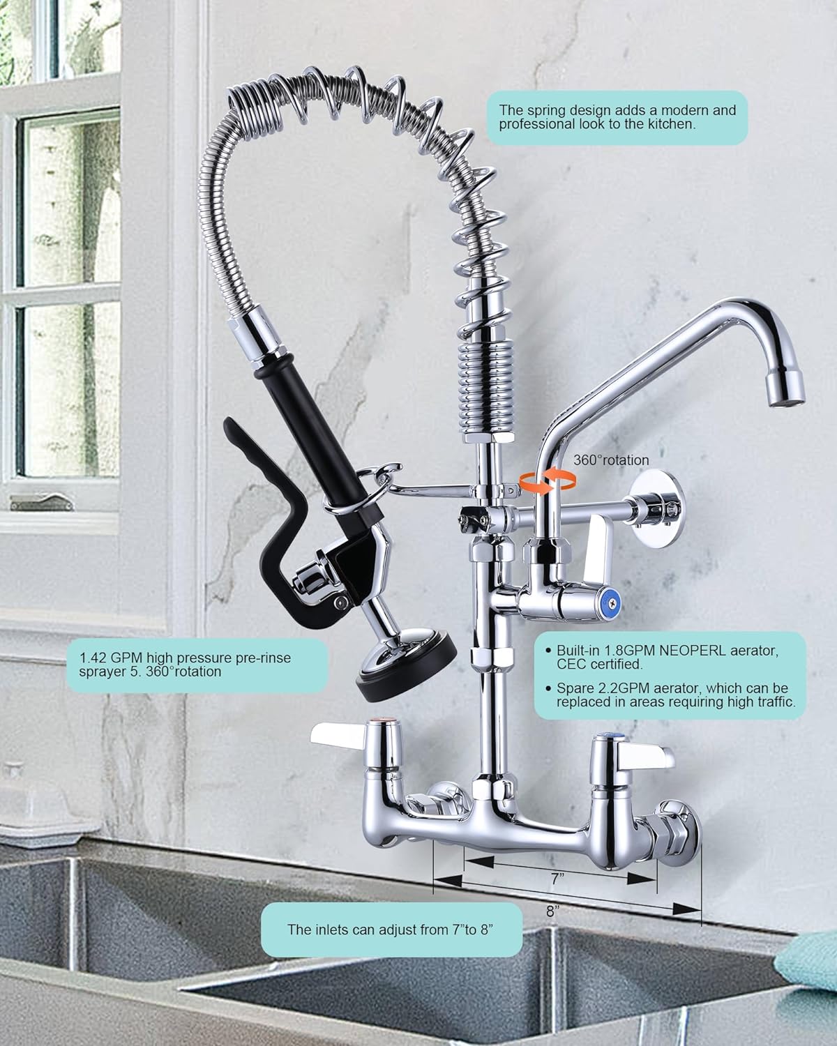 wowow 21 height pre rinse wall mount commercial kitchen faucet with sprayer 6