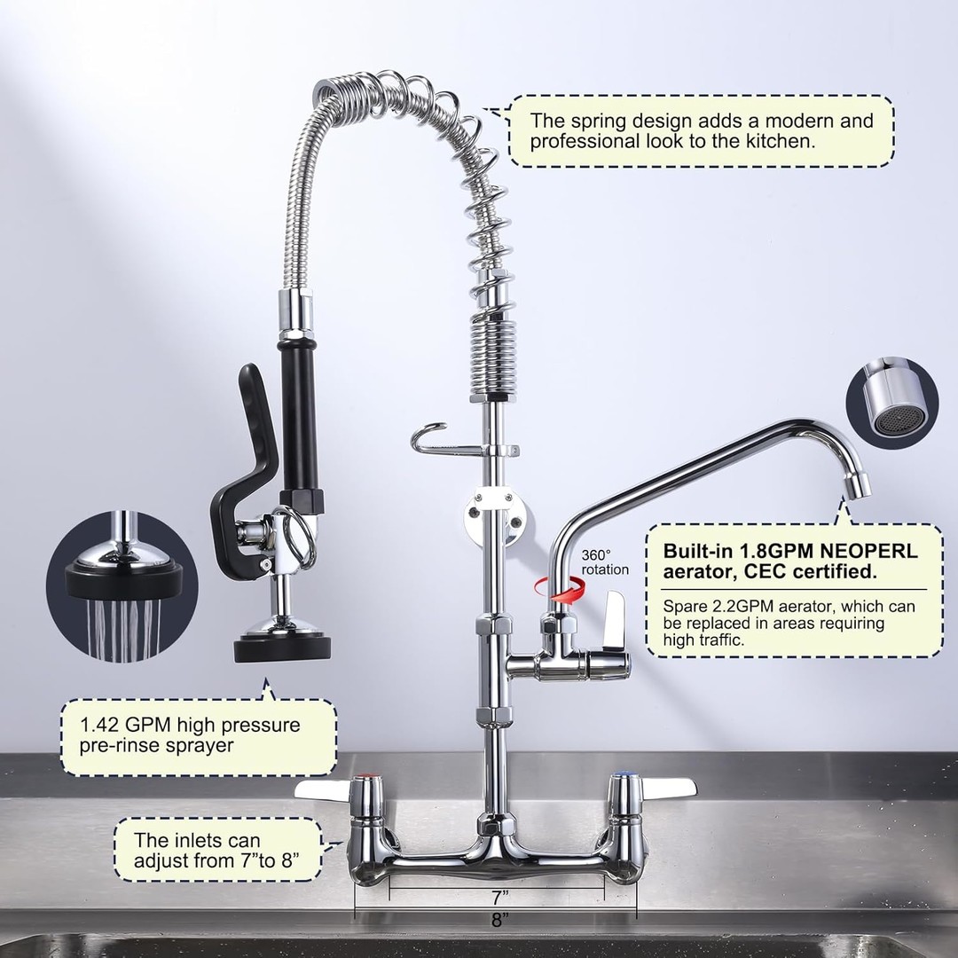 wowow 25 height pre rinse wall mount commercial kitchen faucet with sprayer 6