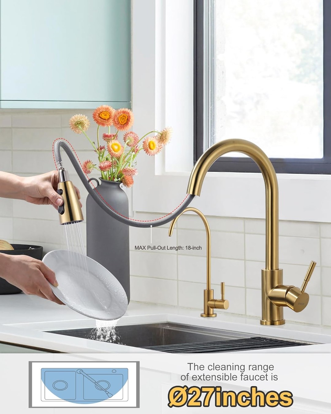 wowow brushed gold pull down kitchen sink faucet with water filter faucet combo 14