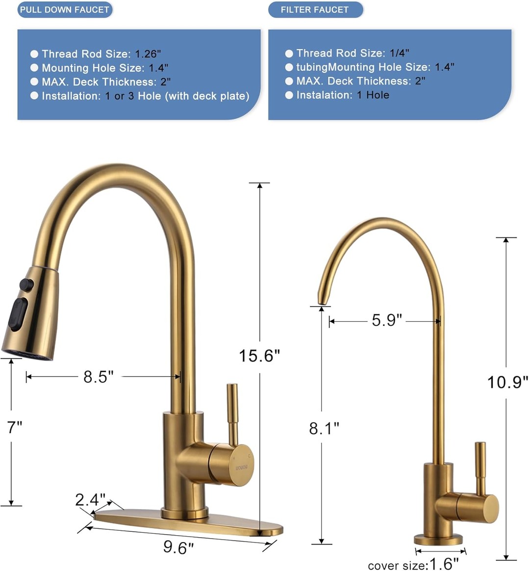 wowow brushed gold pull down kitchen sink faucet with water filter faucet combo 17