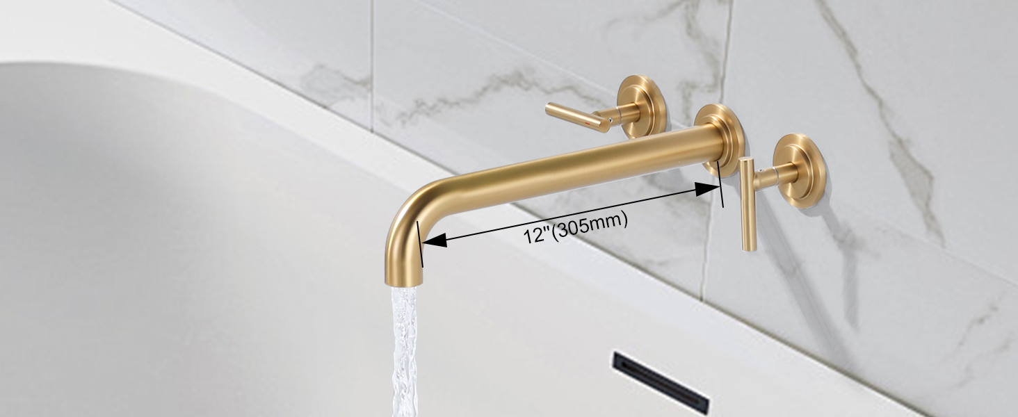 wowow brushed gold two handles long spout reach wall mount tub filler 12