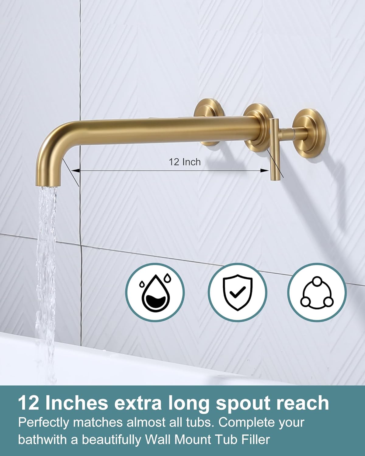 wowow brushed gold two handles long spout reach wall mount tub filler 3