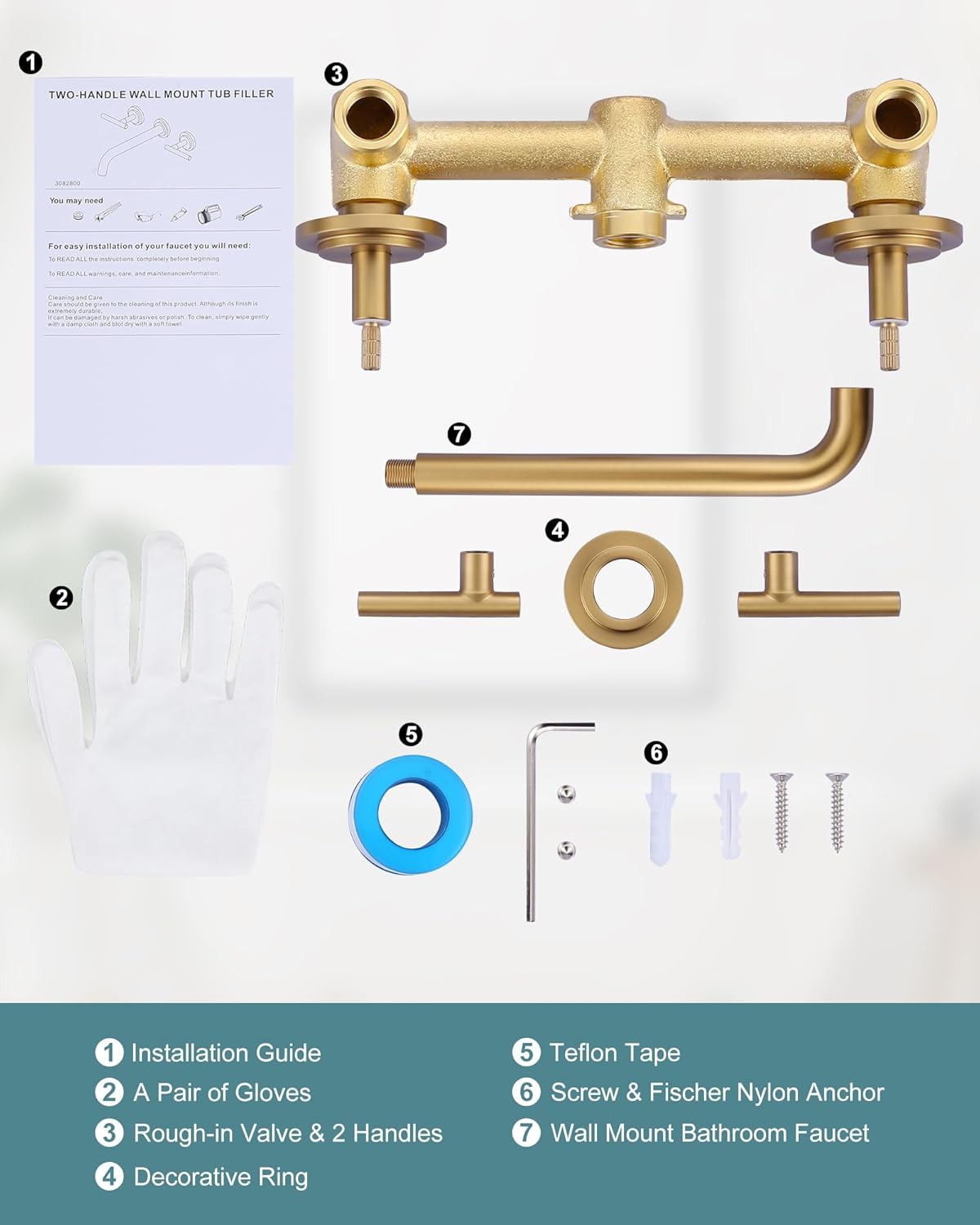 wowow brushed gold two handles long spout reach wall mount tub filler 4