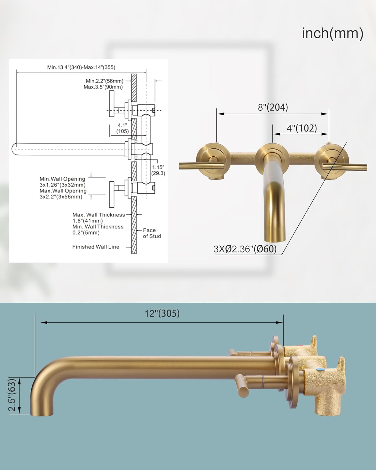 wowow brushed gold two handles long spout reach wall mount tub filler 6