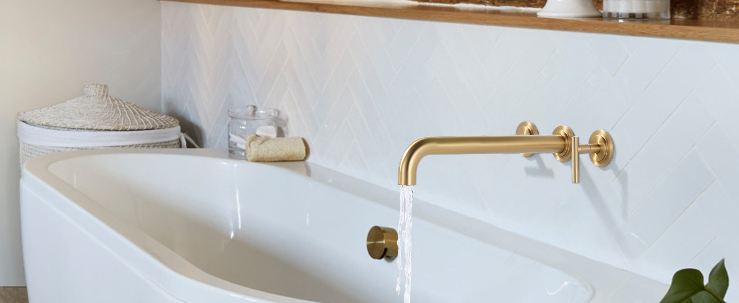 wowow brushed gold two handles long spout reach wall mount tub filler 8