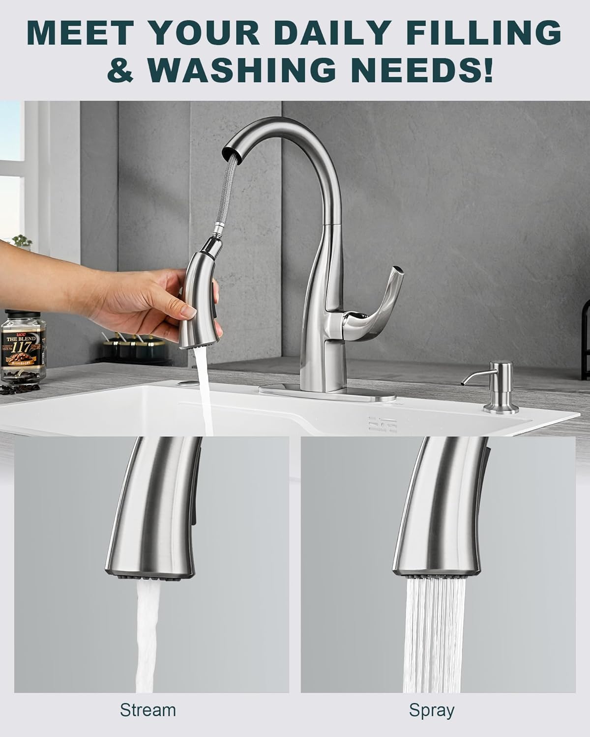 wowow brushed nickel kitchen faucet with soap dispenser 6