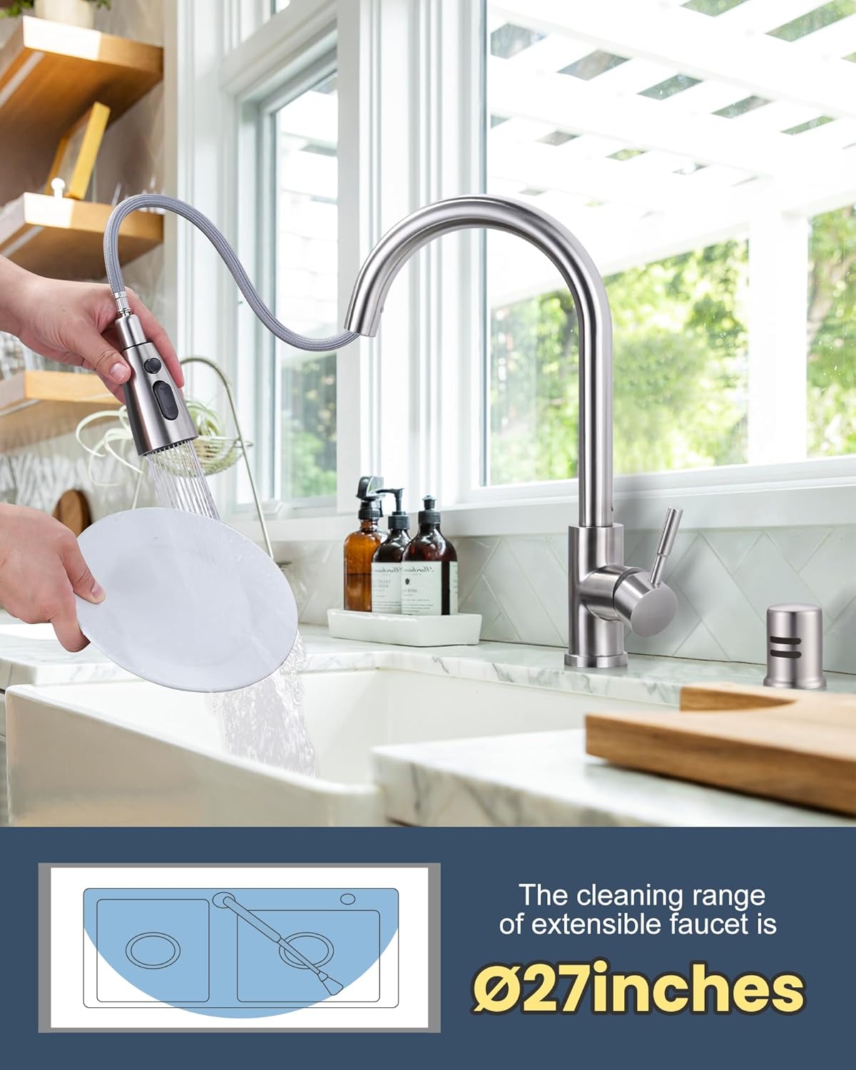 wowow brushed nickel pull down kitchen sink faucet with dishwasher air gap kits 2