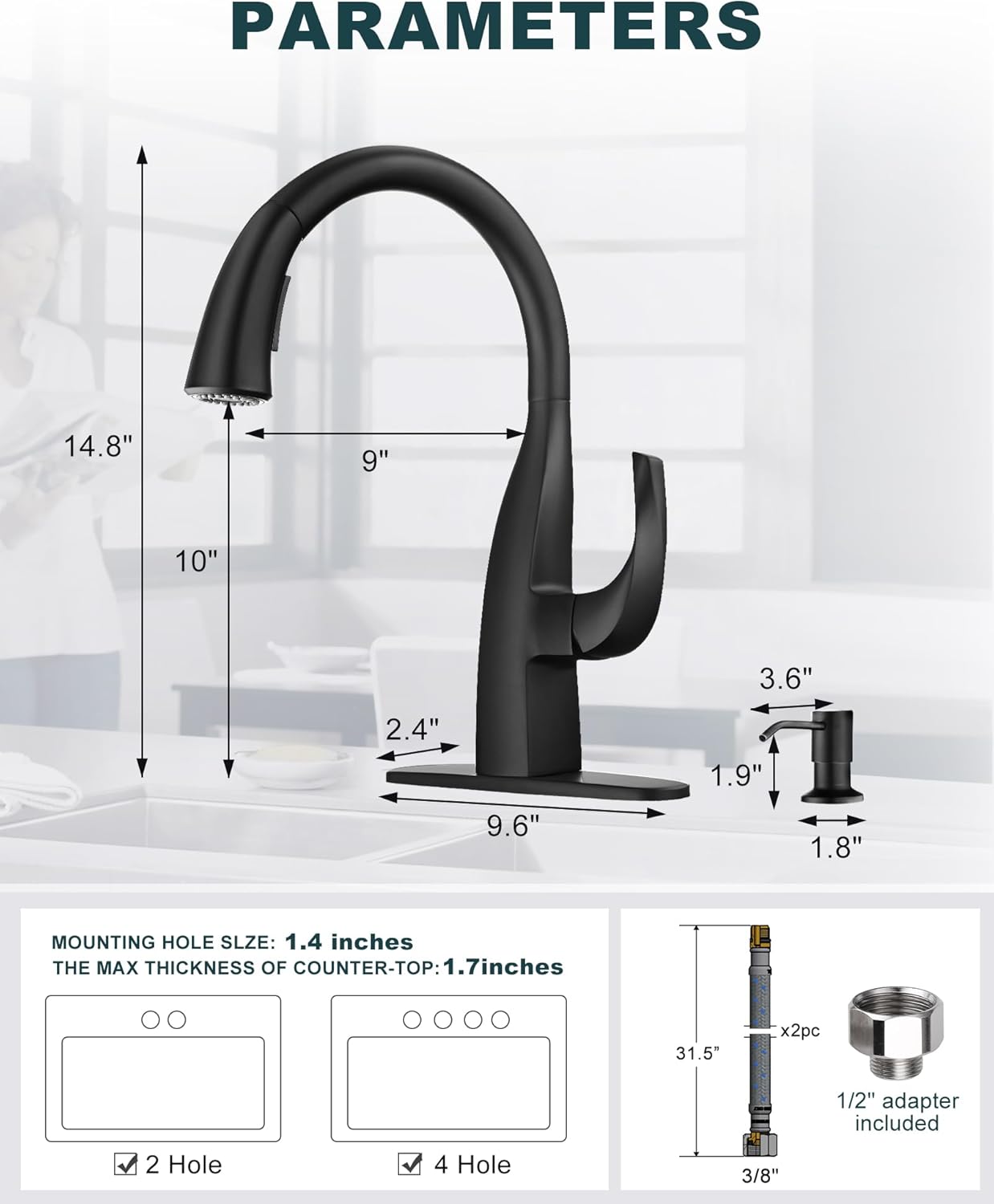 wowow matte black gooseneck pull down kitchen faucet with soap dispenser 1