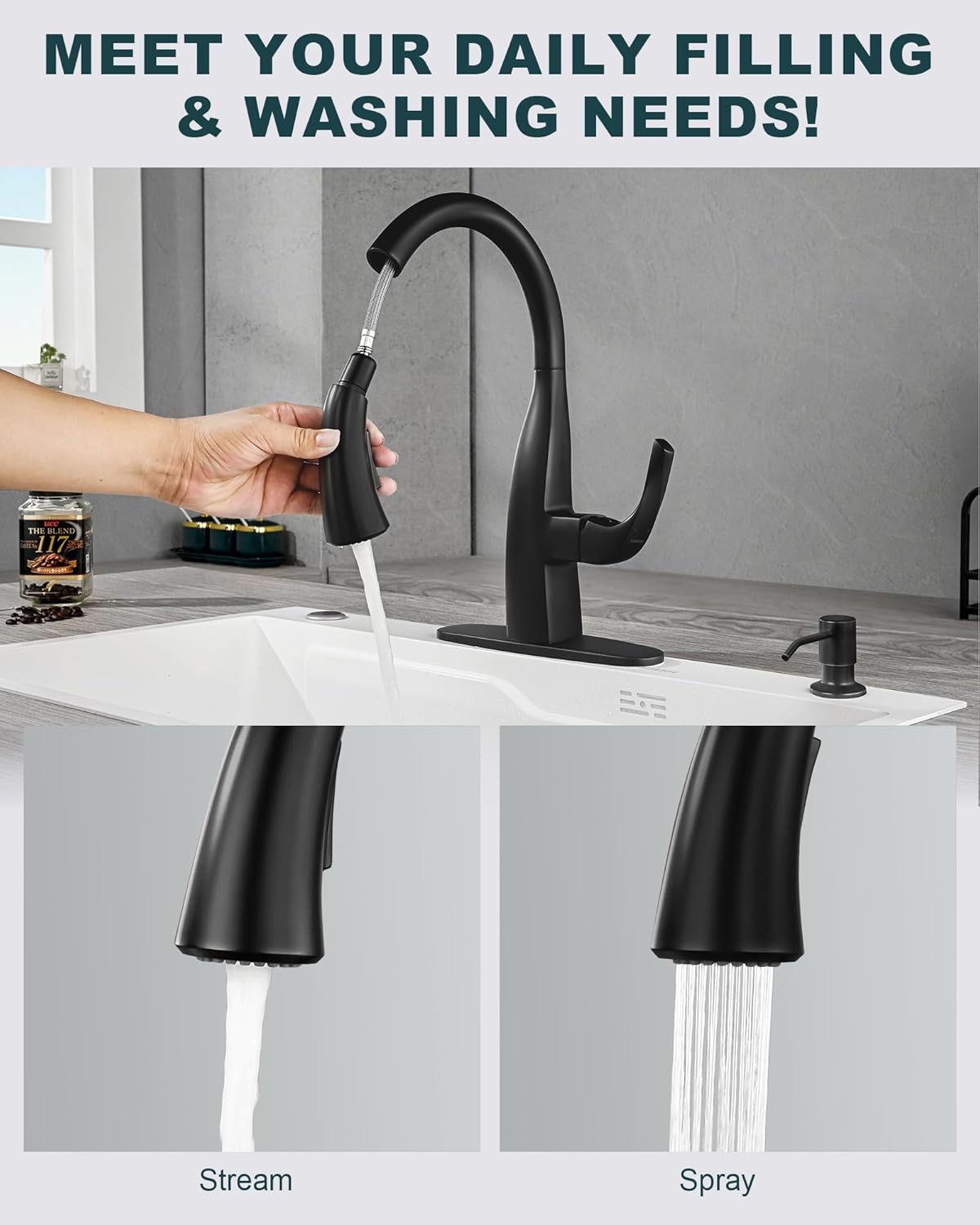 wowow matte black gooseneck pull down kitchen faucet with soap dispenser 5