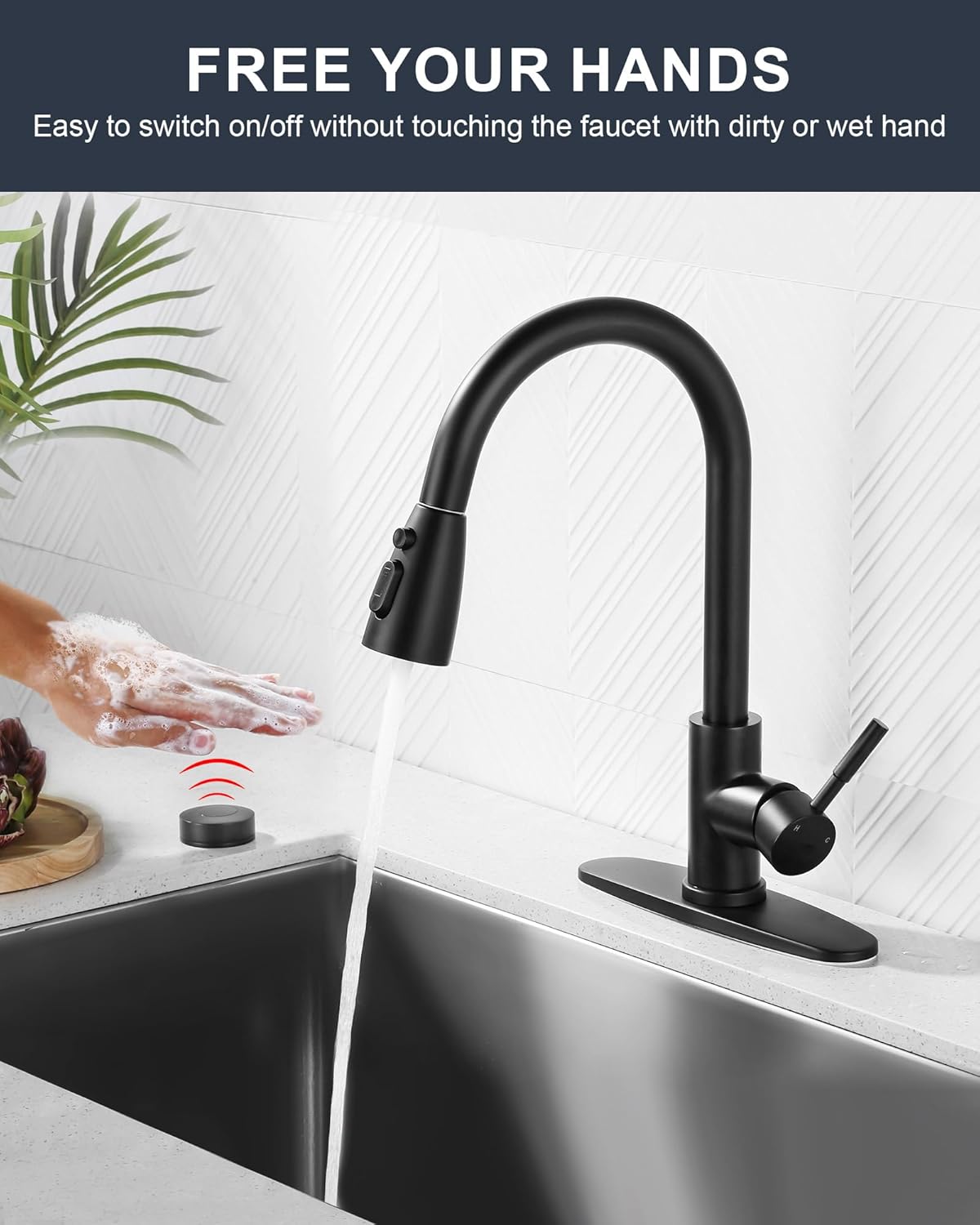 wowow matte black mobile motion sensor touchless kitchen sink faucet with pull down sprayer 2