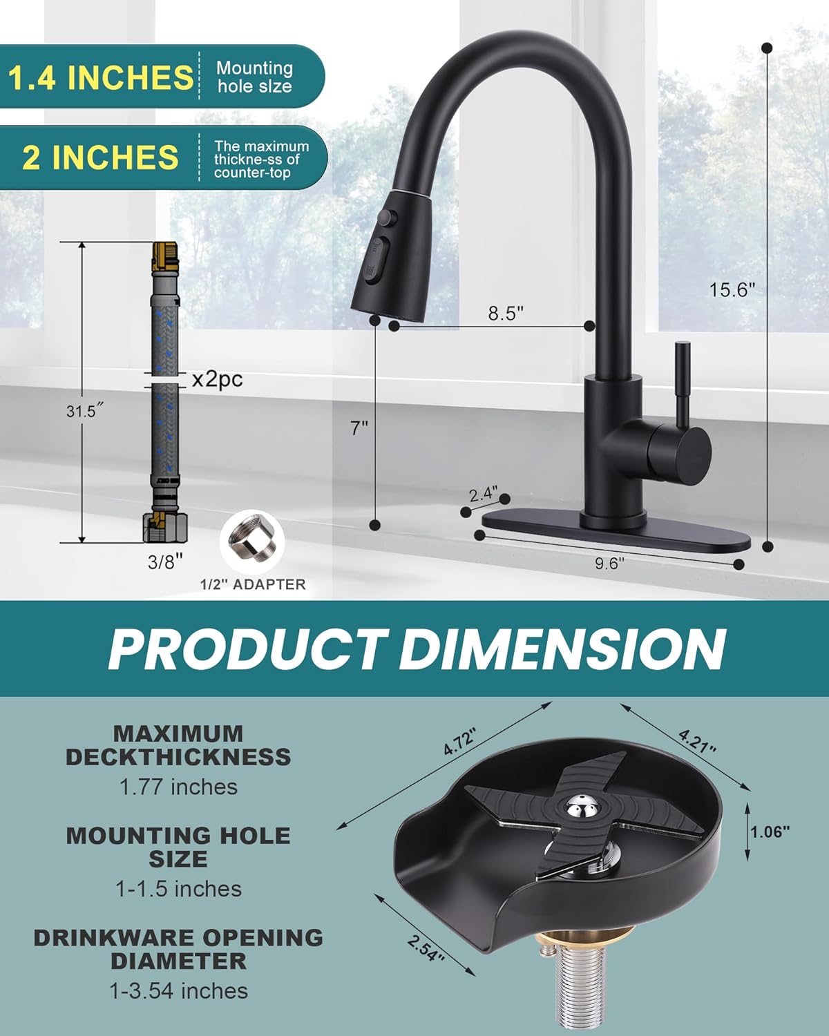 wowow matte black pull down kitchen sink faucet and cup rinser combo 6