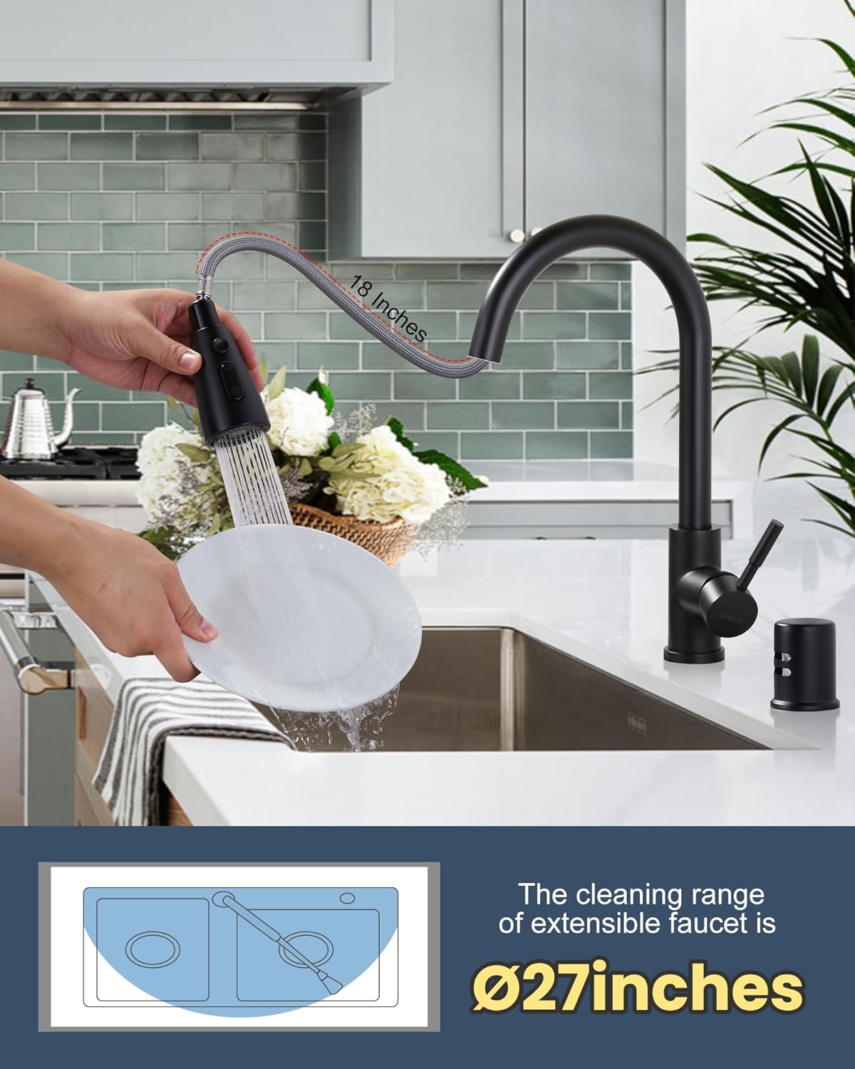 wowow matte black pull down kitchen sink faucet with dishwasher air gap kits 2