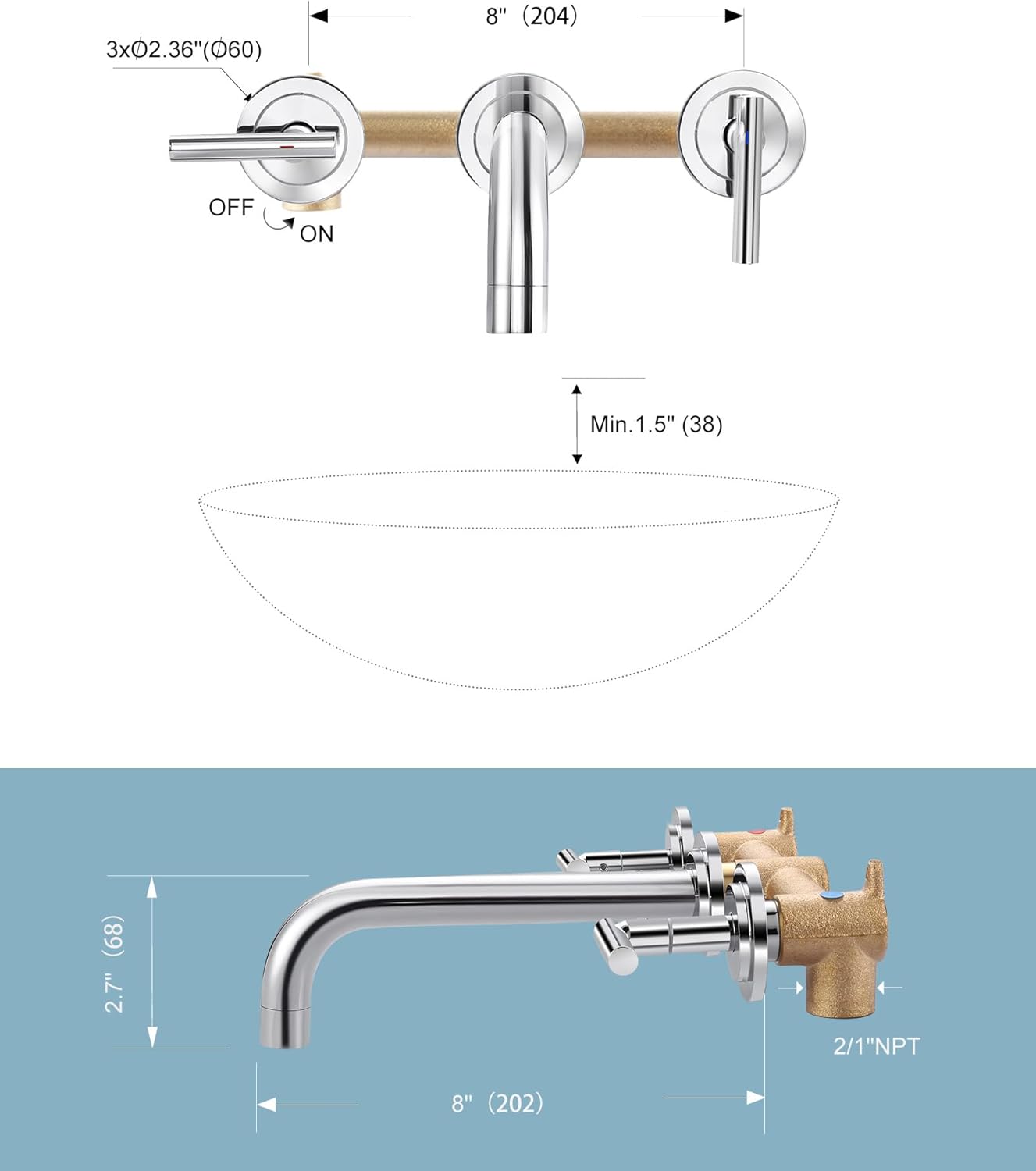 wowow wall mount chrome widespread bathroom sink faucet with rough in valve 7