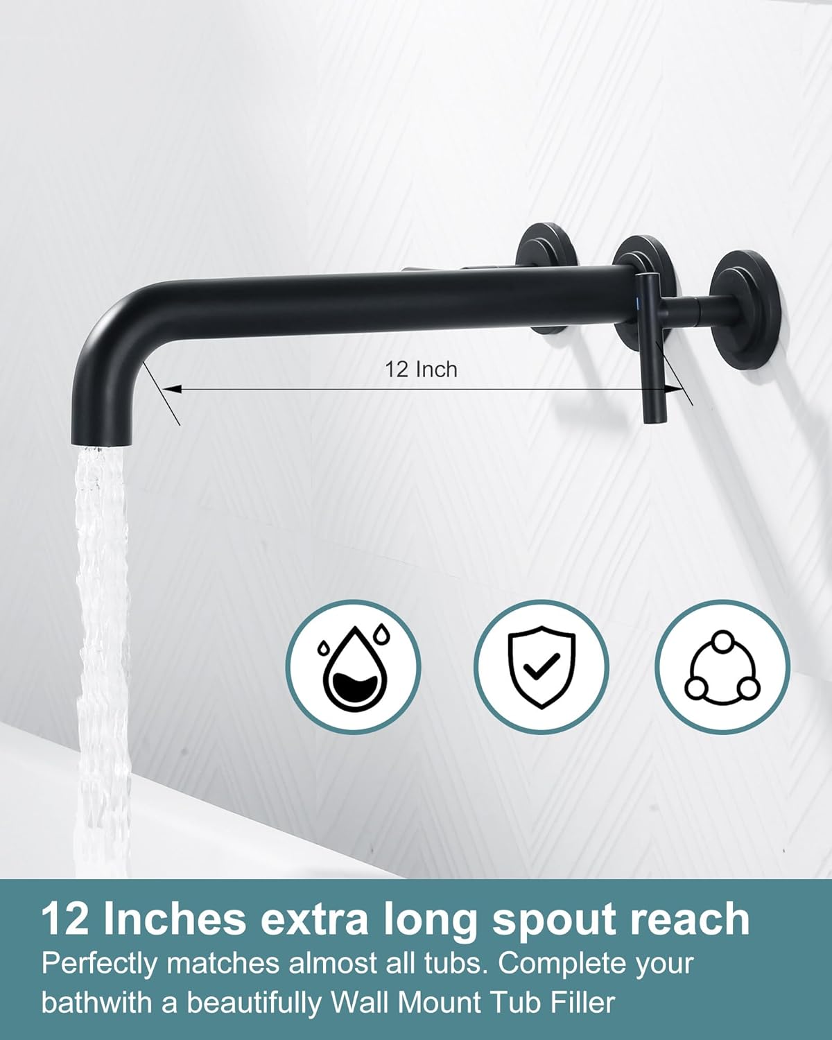 wowow matte black high flow two handles wall mount tub filler 5