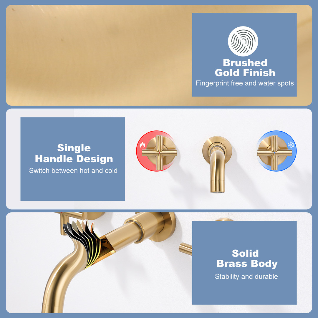 Wall Mounted Bathroom Sink Faucet gold 5