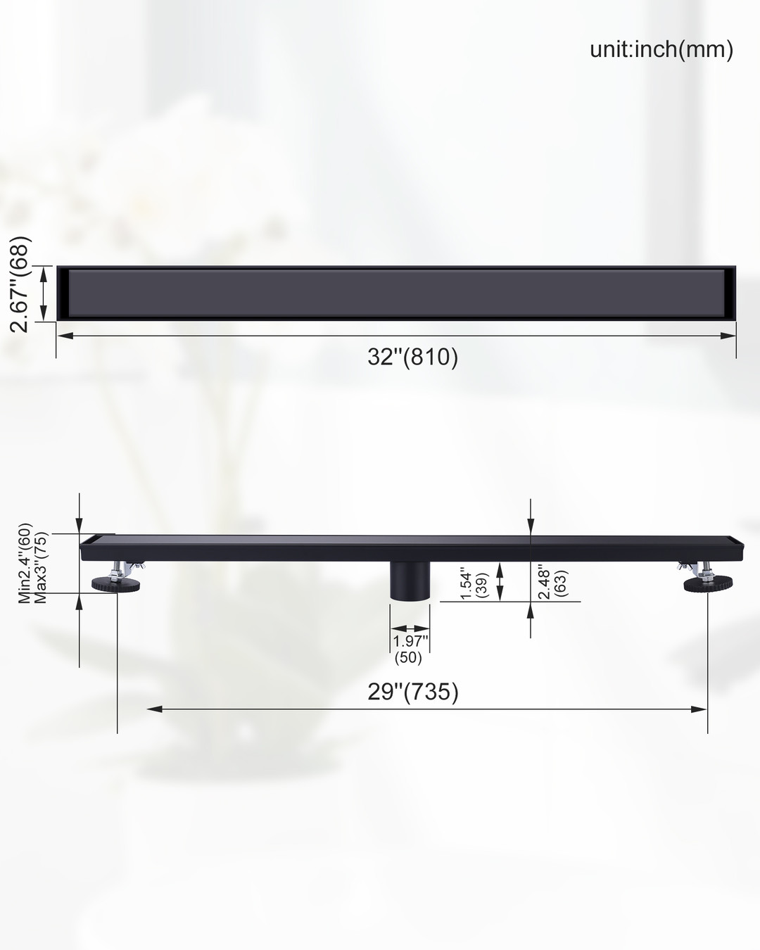 stainless steel linear shower drain with square pattern drain cover 16