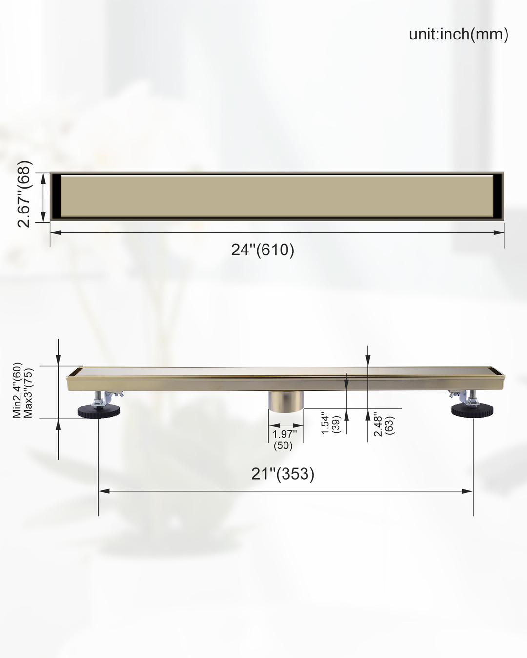 stainless steel linear shower drain with square pattern drain cover 22