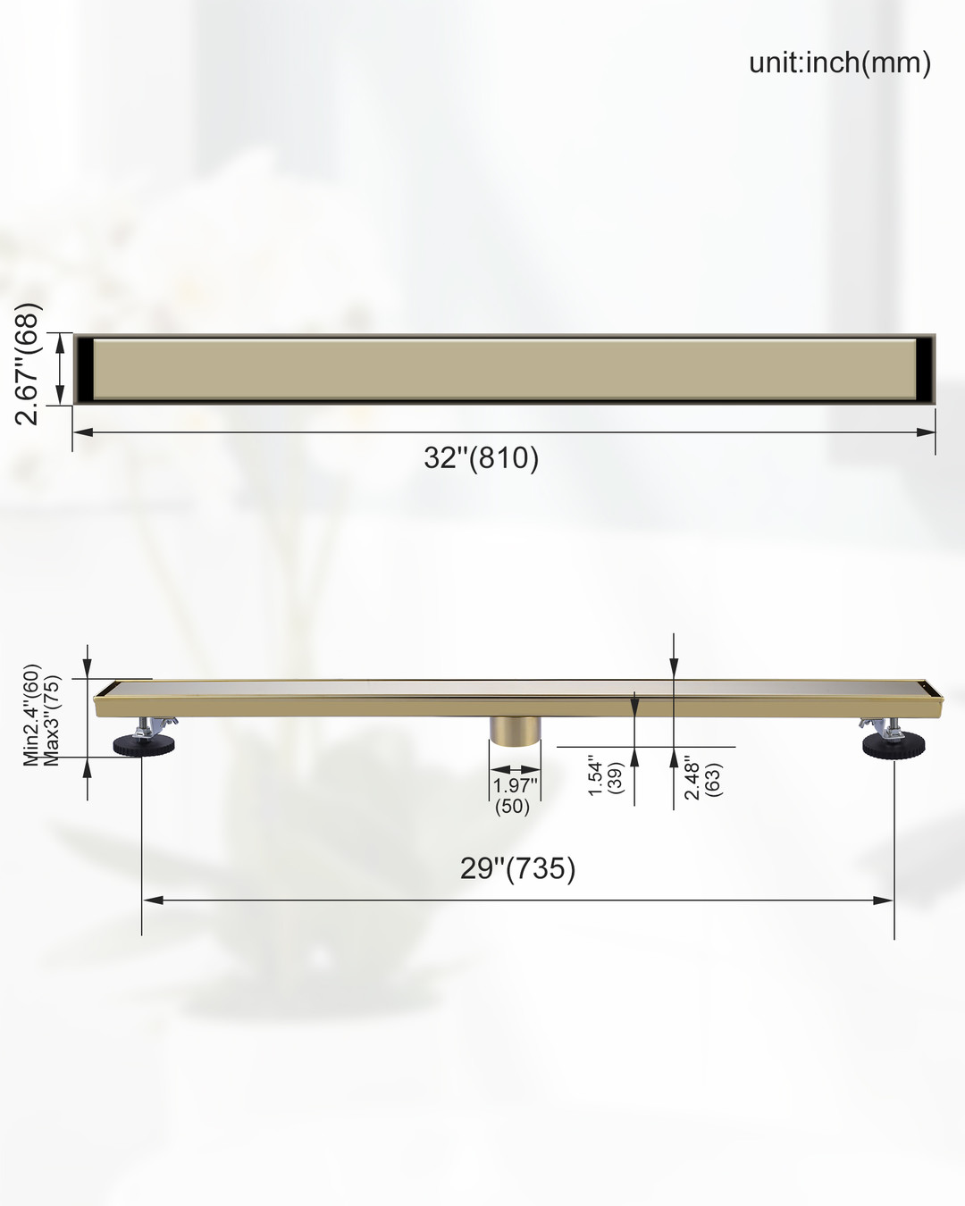 stainless steel linear shower drain with square pattern drain cover 24