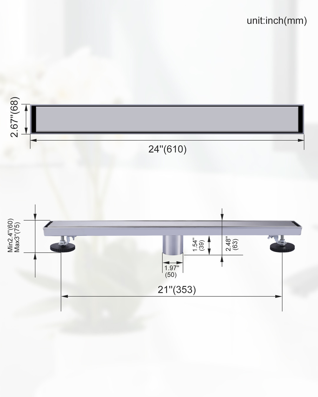 stainless steel linear shower drain with square pattern drain cover 6