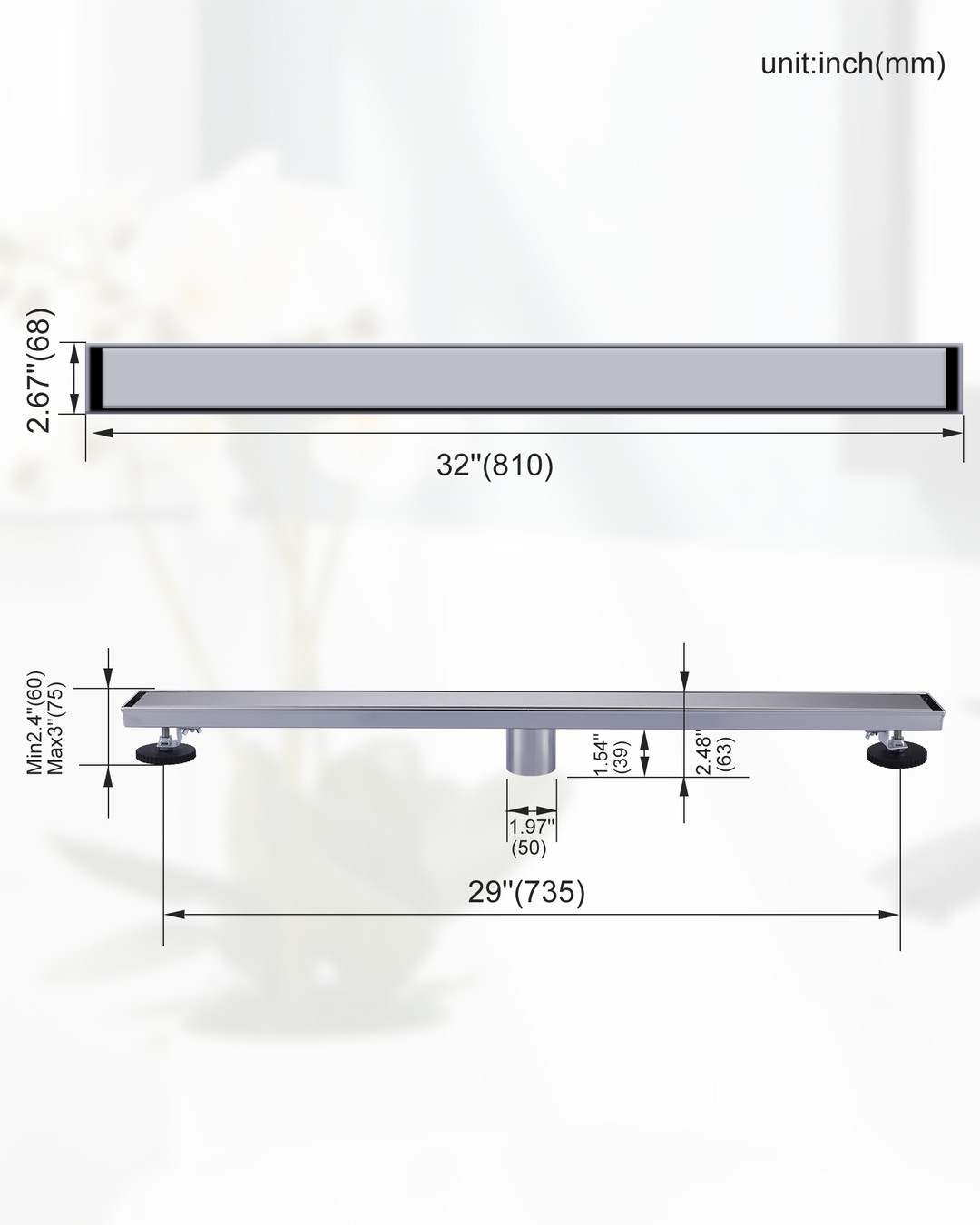 stainless steel linear shower drain with square pattern drain cover 8