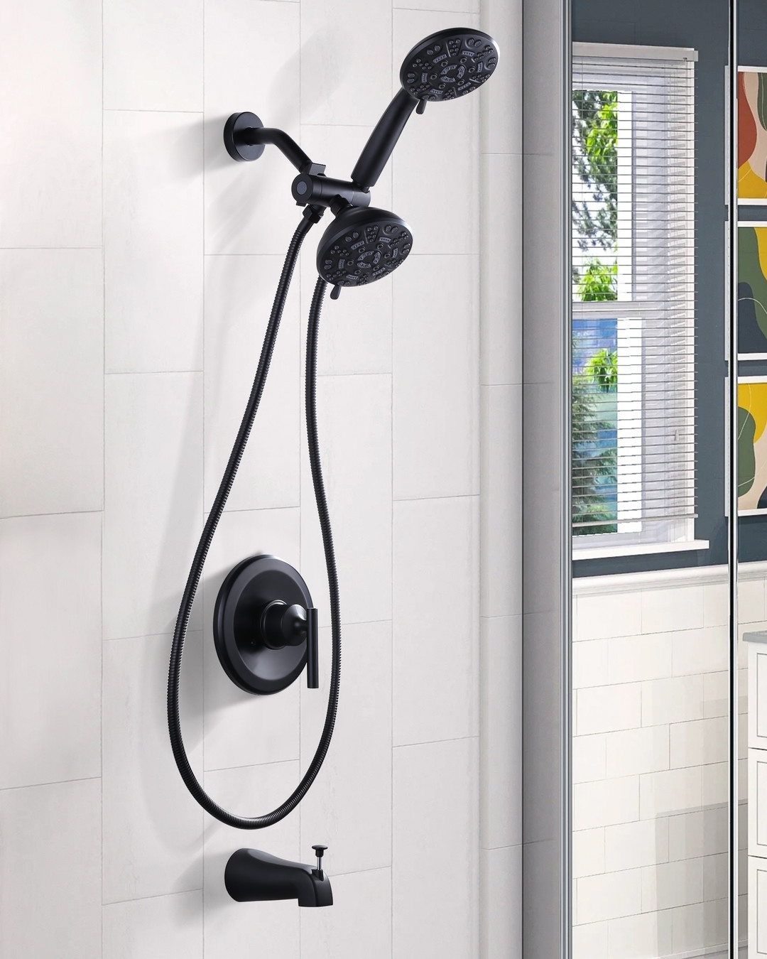 wall mounted shower system with dual shower heads and tub faucet 11