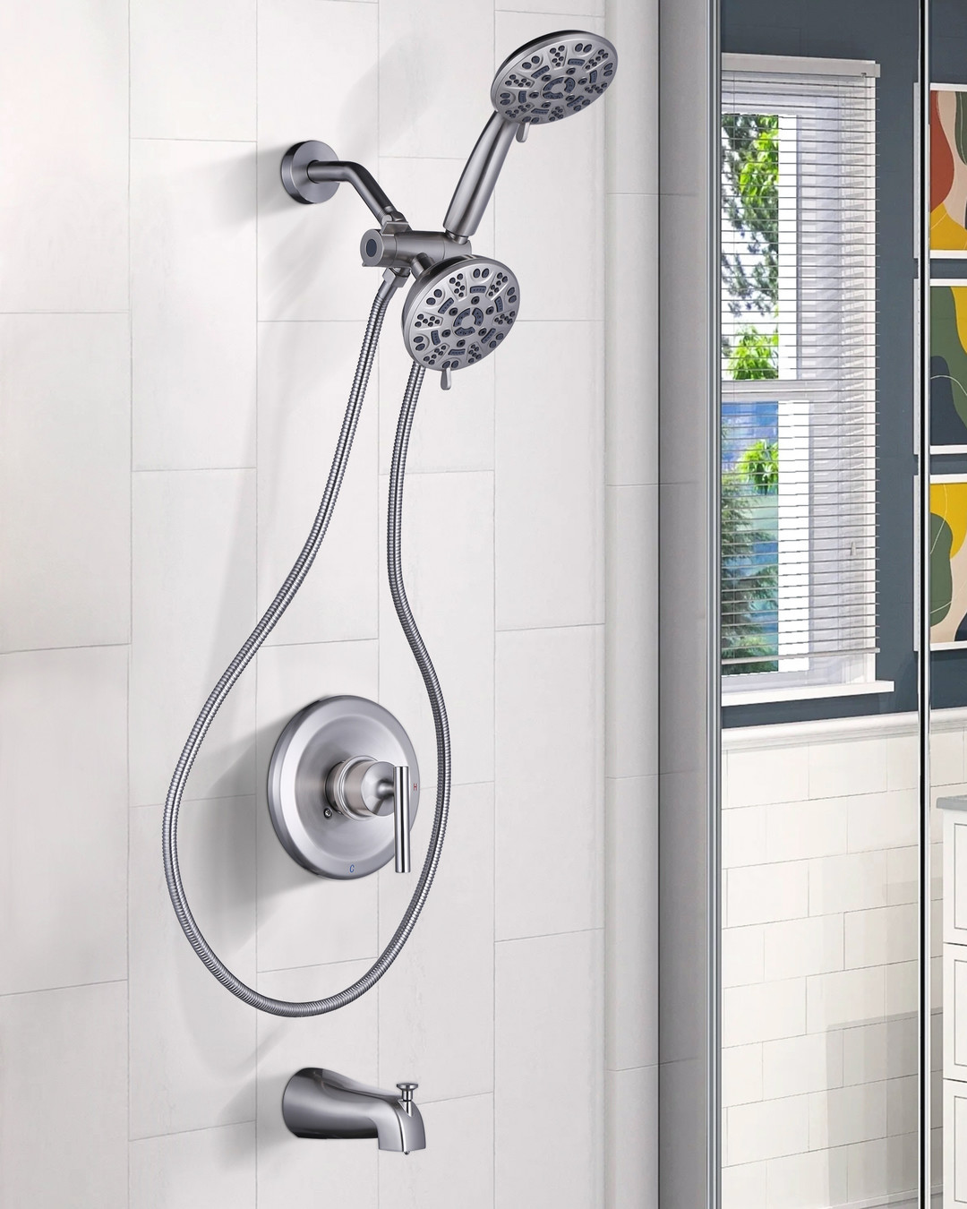 wall mounted shower system with dual shower heads and tub faucet 5