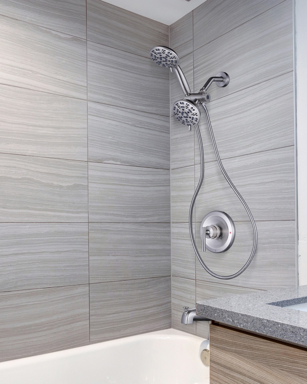 wall mounted shower system with dual shower heads and tub faucet 6