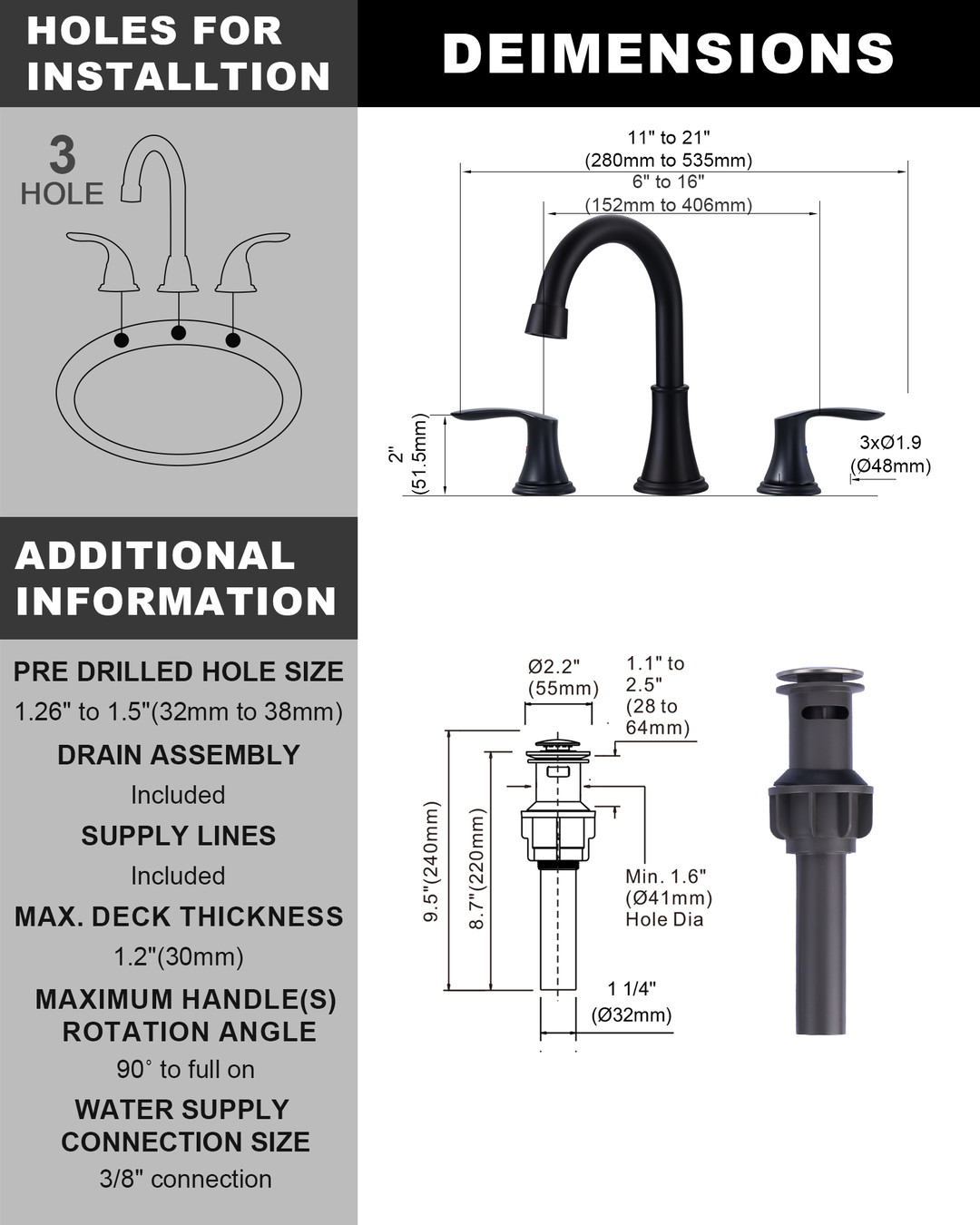 wowow 8 in widespread double handle bathroom sink faucet with pop up drain 13