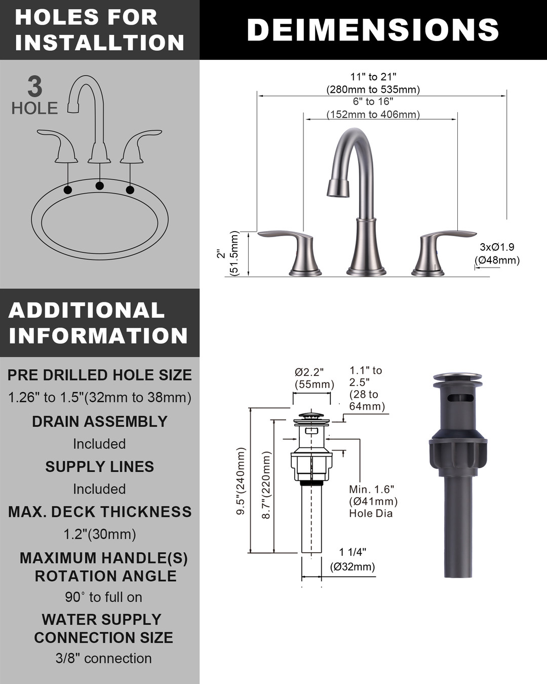 wowow 8 in widespread double handle bathroom sink faucet with pop up drain 6