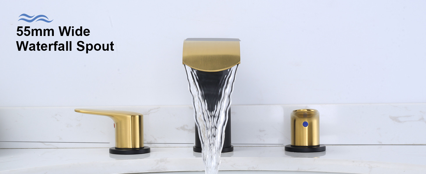 wowow 8 inch brushed gold and black waterfall widespread bathroom faucet 1