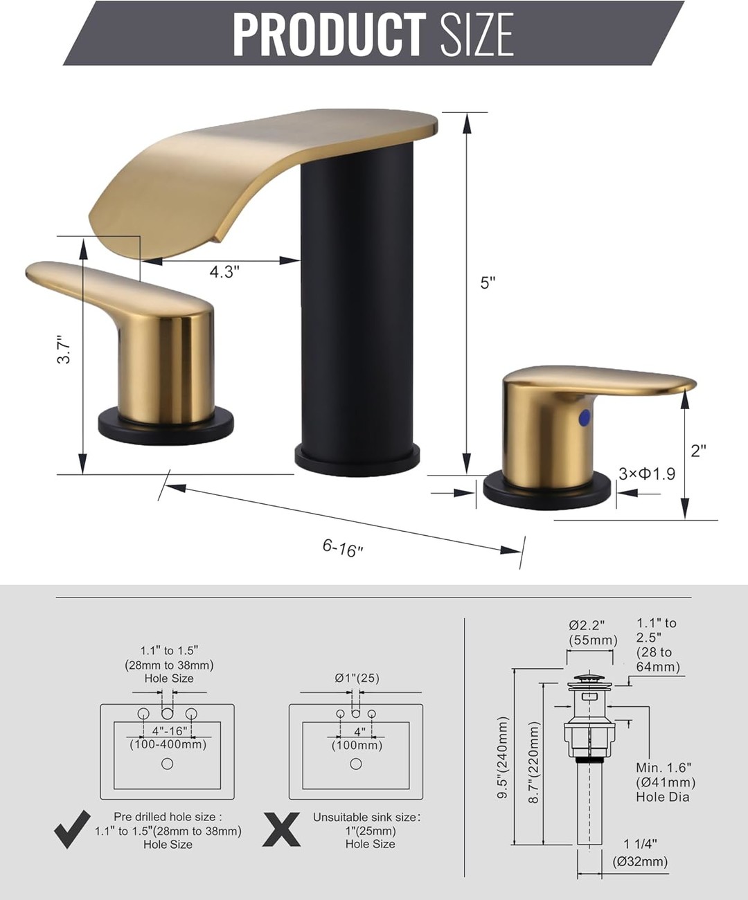 wowow 8 inch brushed gold and black waterfall widespread bathroom faucet 10