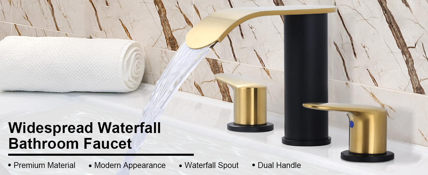 wowow 8 inch brushed gold and black waterfall widespread bathroom faucet 11