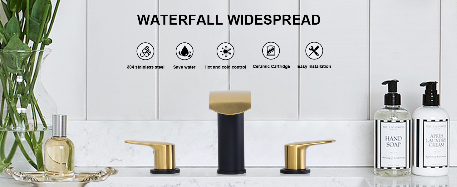 wowow 8 inch brushed gold and black waterfall widespread bathroom faucet 12