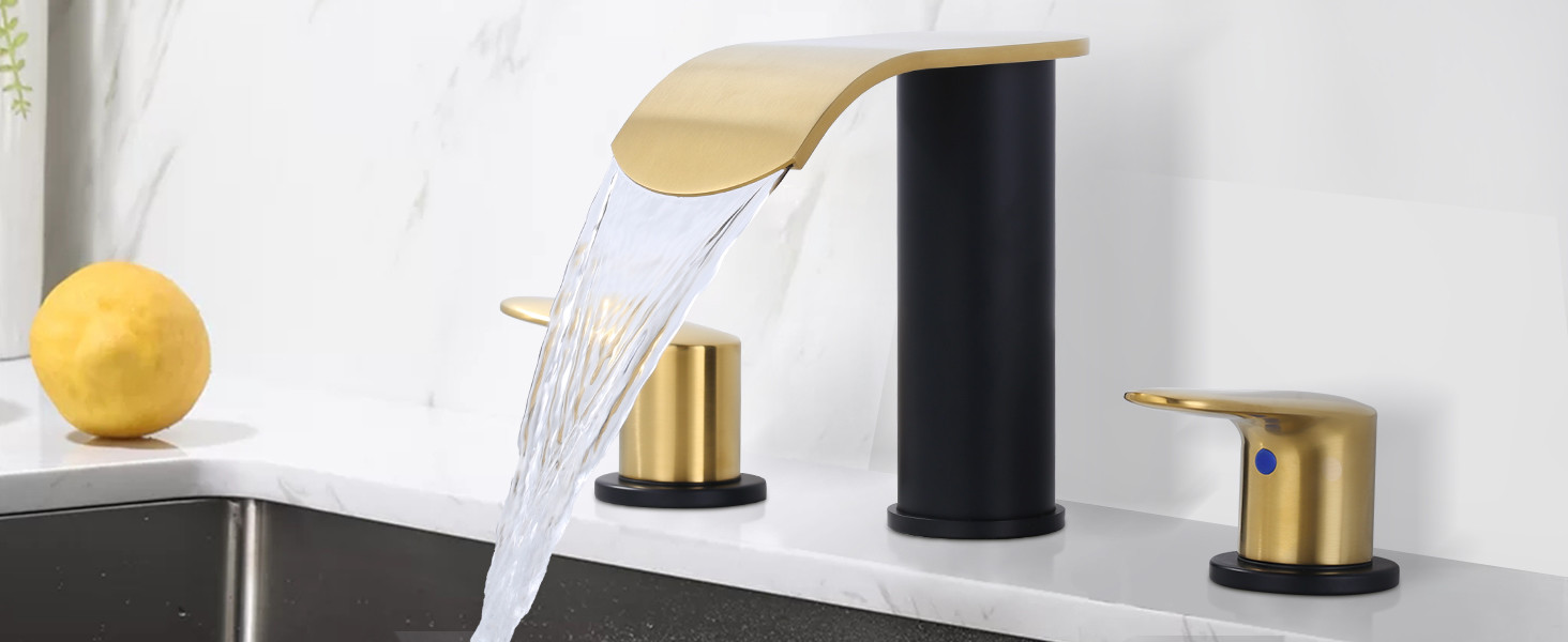 wowow 8 inch brushed gold and black waterfall widespread bathroom faucet 13