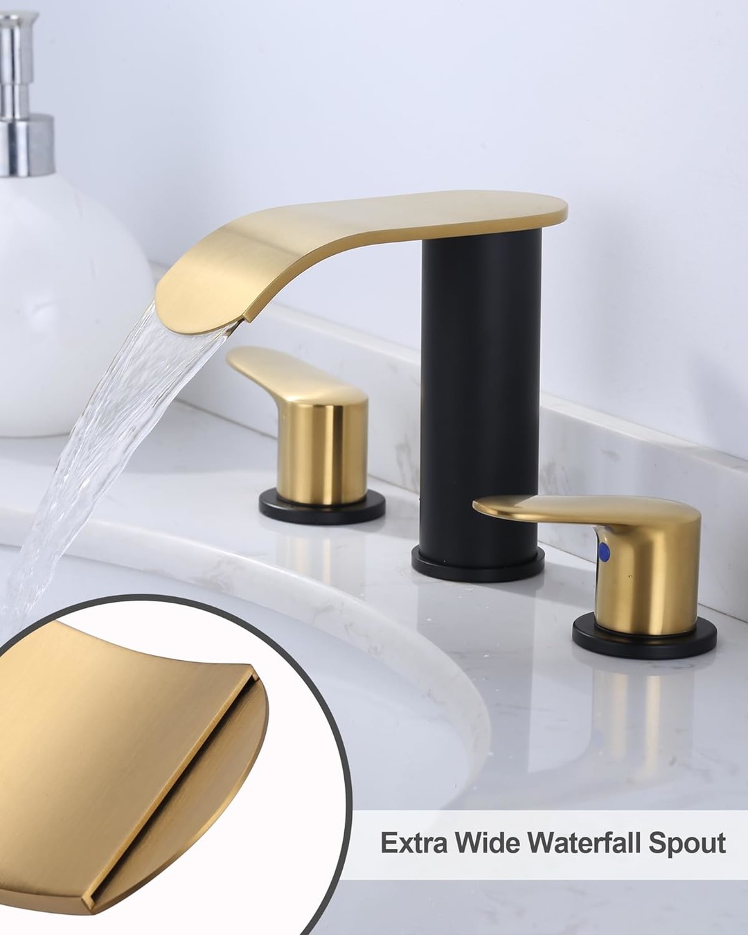 wowow 8 inch brushed gold and black waterfall widespread bathroom faucet 3