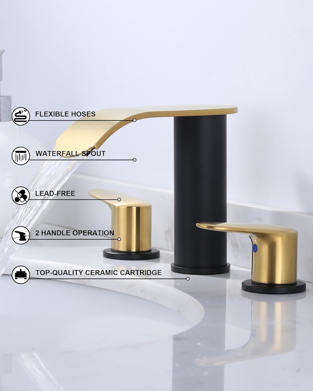 wowow 8 inch brushed gold and black waterfall widespread bathroom faucet 7