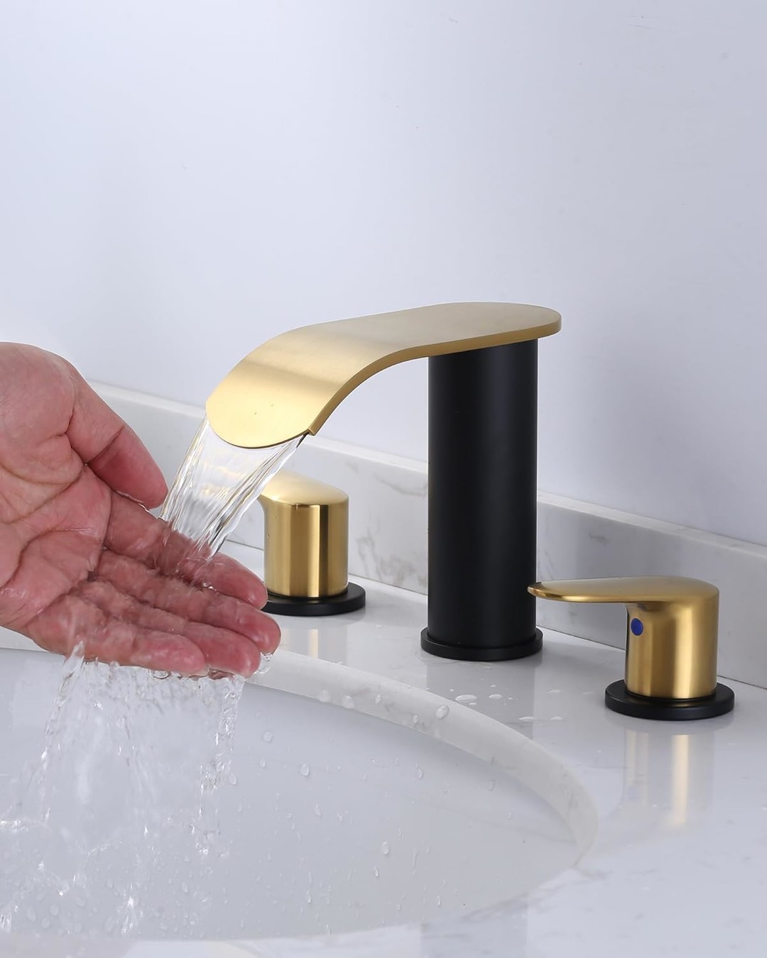 wowow 8 inch brushed gold and black waterfall widespread bathroom faucet 9