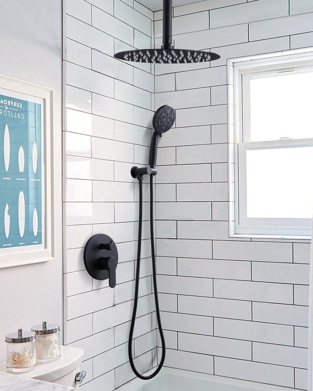 wowow 8 spray matte black ceil mounted shower system and handheld shower head 2 1