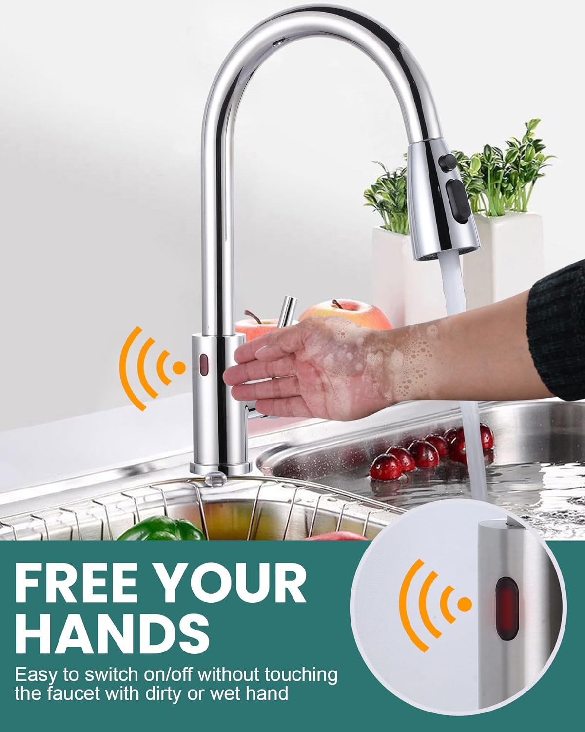 wowow automatic smart motion sensor chrome pull down kitchen faucet 2