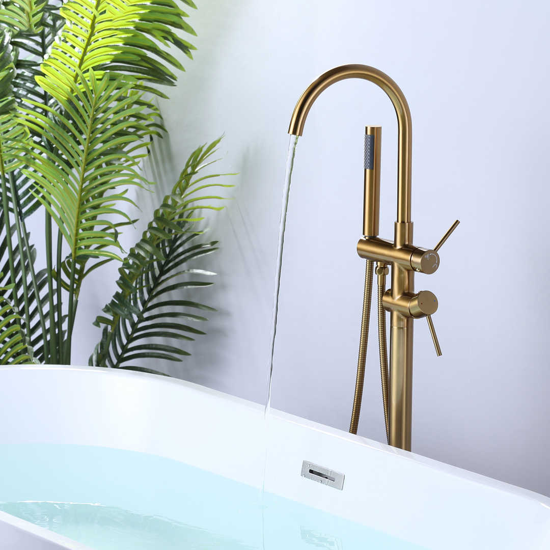 wowow brushed gold freestanding tub filler with hand shower mixer taps swivel spout 2